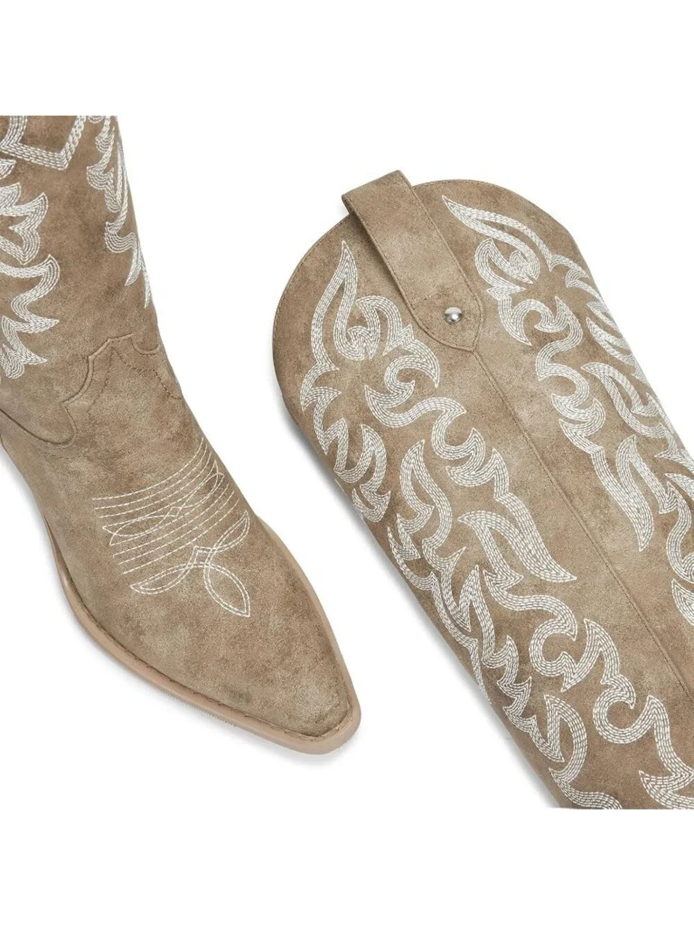 Women's Khaki Knee High Cowboy Boots Chunky Heel Leather Chunky Heel Pull